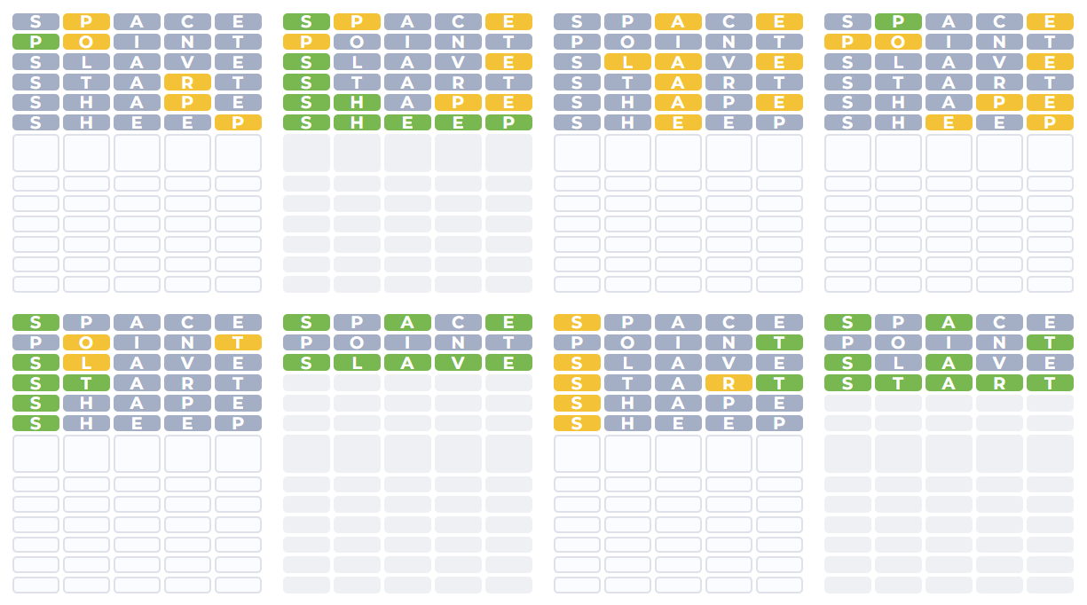 Color-coded letter feedback in Octordle puzzle