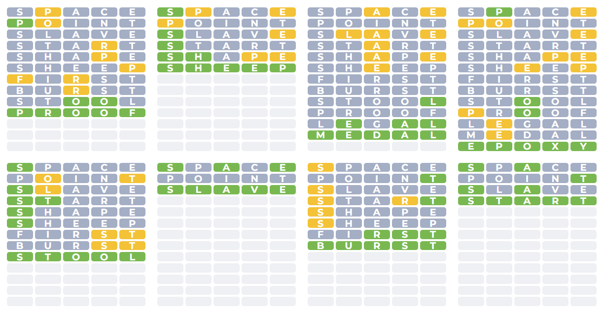 Multiple puzzle grids being solved in Octordle